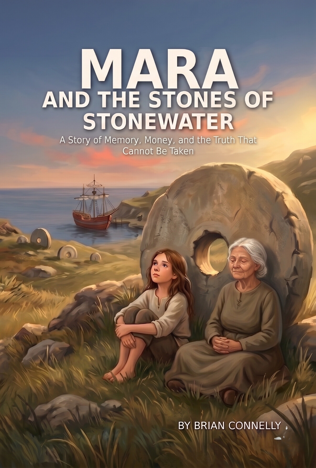 Mara and the Stones of Stonewater. Cover illustration of a young girl and an older woman beside a large stone disc, with a tall ship in the harbor behind them.